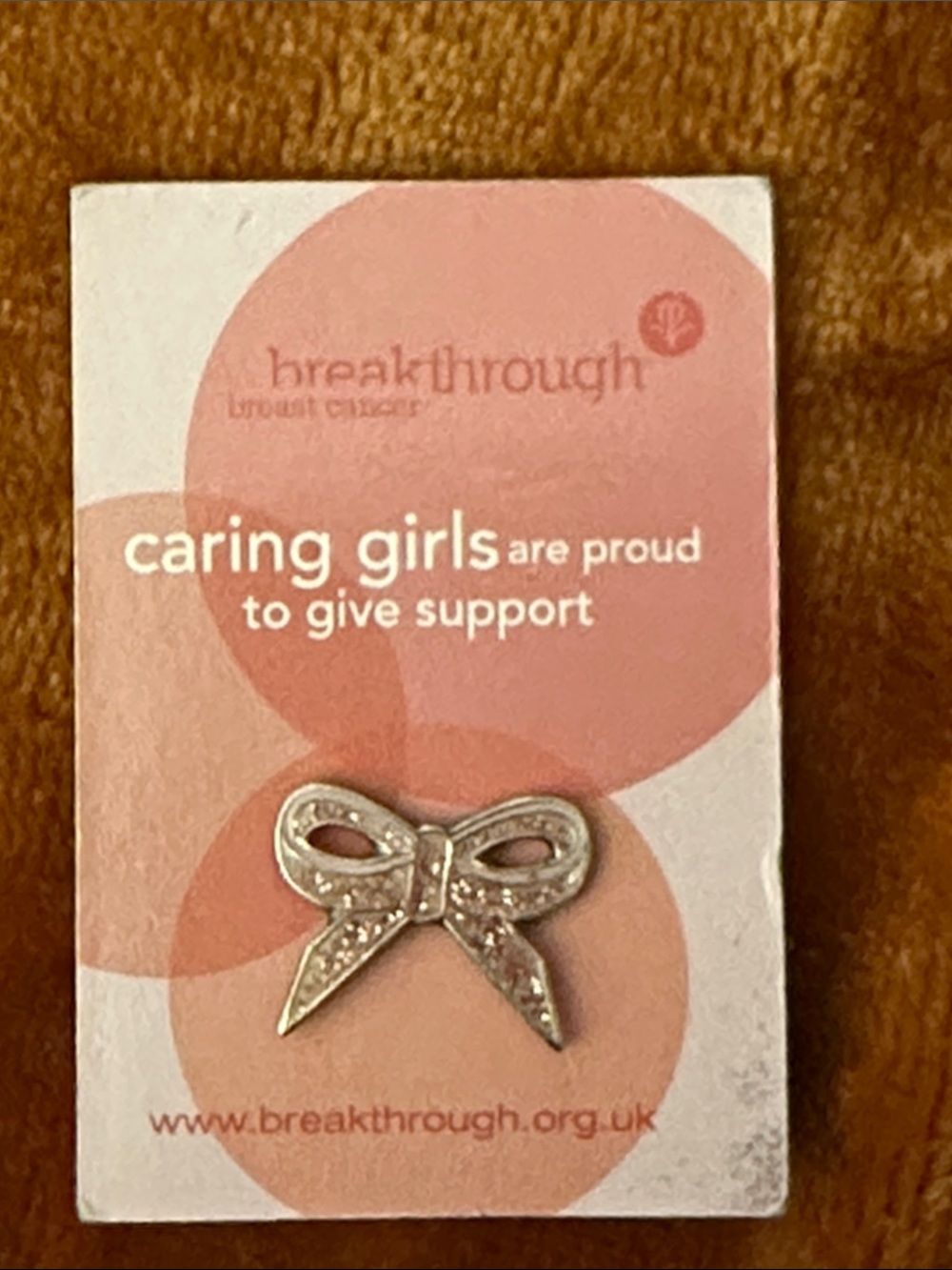 Pink Bow Pin on Breakthrough Breast Cancer Card